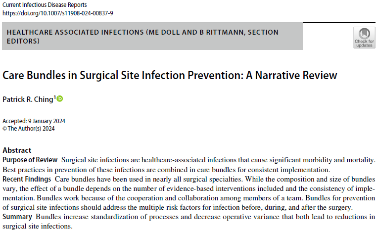 Best practices in prevention of surgical site infxns are combined in care bundles for consistent implementation. Care bundles ⬆️standardization of processes & ⬇️operative variance that both lead to ⬇️SSI #IDTwitter #IDXPosts link.springer.com/article/10.100…