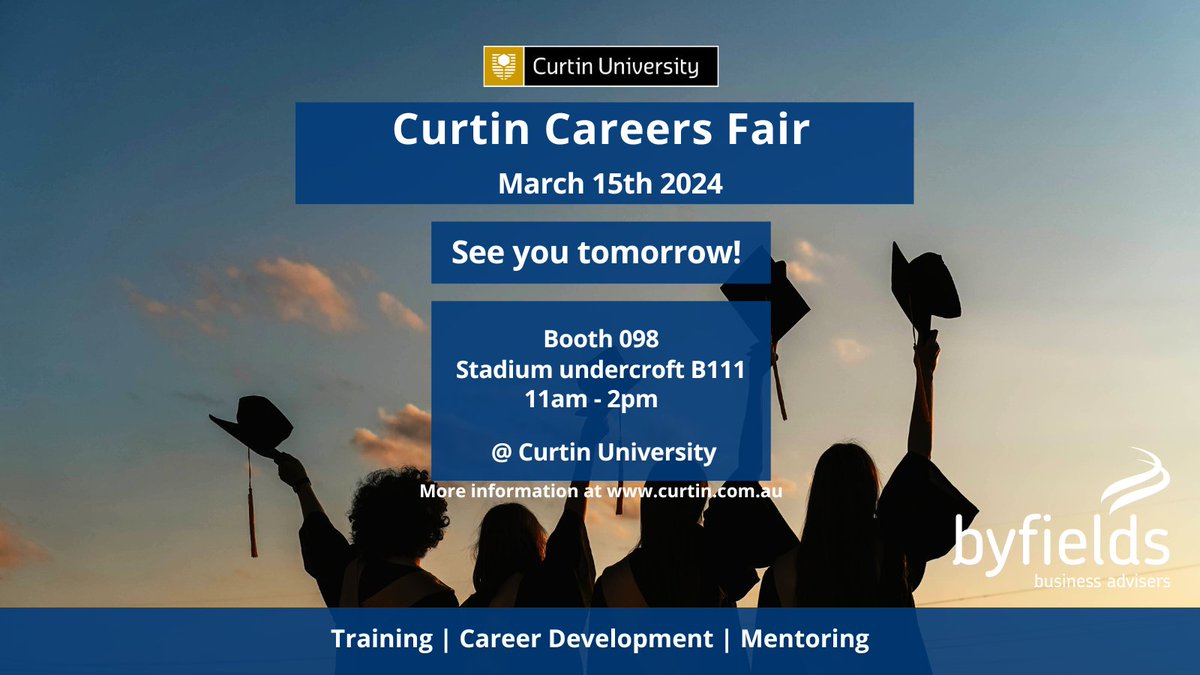 CURTIN CAREERS FAIR |  Byfields will be attending tomorrow. 

Visit Booth 098 to find out more about career opportunities at Byfields. 

The team look forward to meeting you and answering all of your questions.

#Byfields # CurtinUni #AccountingCareers #WAJobs