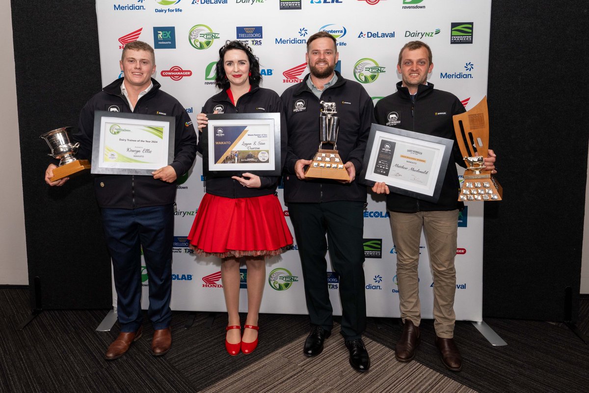 Congrats to last night's winners at the Waikato Dairy Industry Awards! 🏆 Logan & Sian Dawson were awarded Share Farmer of the Year, Matthew Macdonald won Dairy Manager of the Year, and Kirwyn Ellis took home the Dairy Trainee of the Year award 🙌