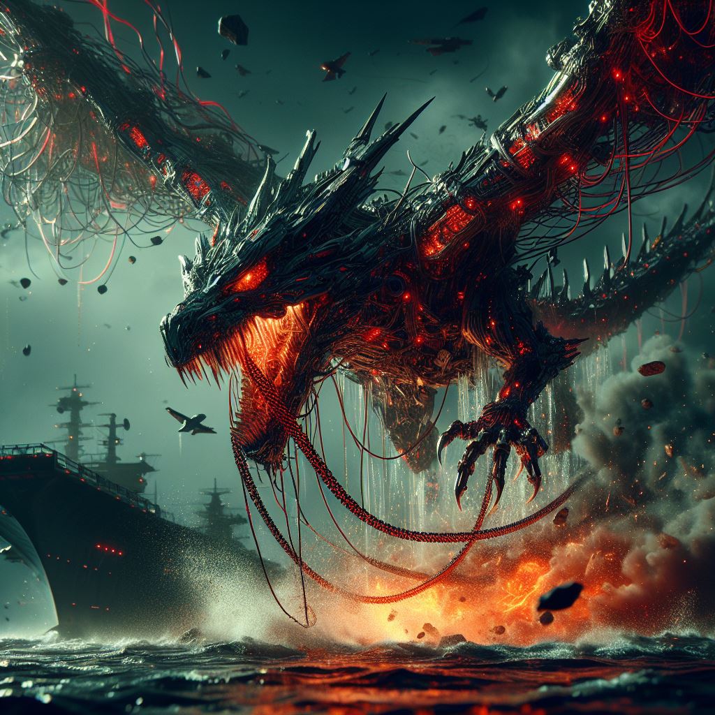 HatemSherbieny's tweet photo. "Nightmare Dragon" attacks an aircraft carrier in the ocean, Part 1/2

   #AIArtGallery #AICommunity #dalle3 #Bingai #promptedart #AIartSociety #AIArtwork #AIArtistCommunity #aiartcommunity #aiartist #Digitelillustration #digitalart #aiart #horrorart #cyberpunk #dragon #Nightmare https://t.co/y3SGz79Fmk