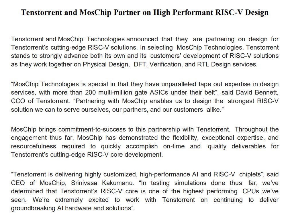 Tenstorrent and #MosChip Partner on High Performant RISC-V Design