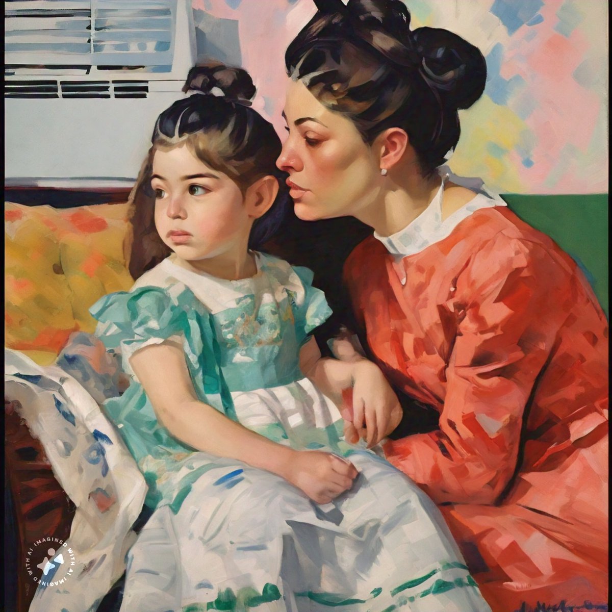 pjuang's tweet photo. Anachronistic AI Art.  Style of Mary Cassatt.  Portrait of mother and daughter.  Emphasis on impressionism.  Visible paintstrokes.  Air conditioning unit in the background.

Imagine with Meta AI https://t.co/JvtYGEPWbt
