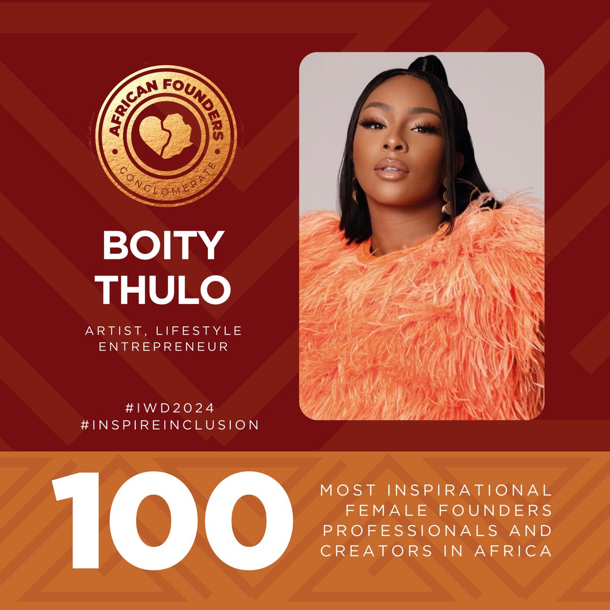 Africanfoundrs's tweet photo. #AFCFeatures In celebration of the international women's month, we honor @Boity for her impact, strides and great entrepreneurial spirit. #iwd2024 #inspireinclusion https://t.co/ibfO5JopZP