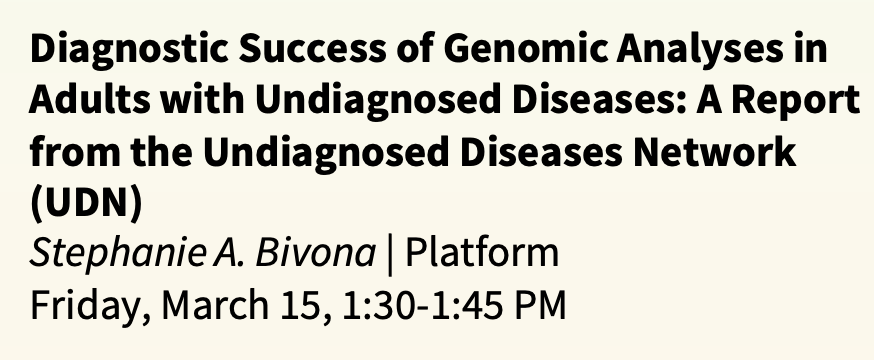 🧬 Curious about the diagnostic success of genomic analyses in adults with undiagnosed diseases? Stephanie Bivona has the insights you need! Catch her platform talk this afternoon at #ACMGMtg2024