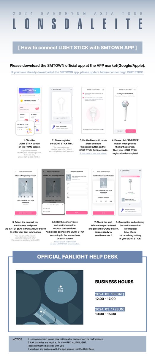 BAEKHYUN_INB100's tweet photo. 2024 BAEKHYUN ASIA TOUR <Lonsdaleite> in SEOUL Official Light Stick Performance Guide

There will be an official light stick performance synced to EXO official light stick.

Please register your seat through SMTOWN official app. 

#백현 #BAEKHYUN #Lonsdaleite https://t.co/XY4TvXBmam