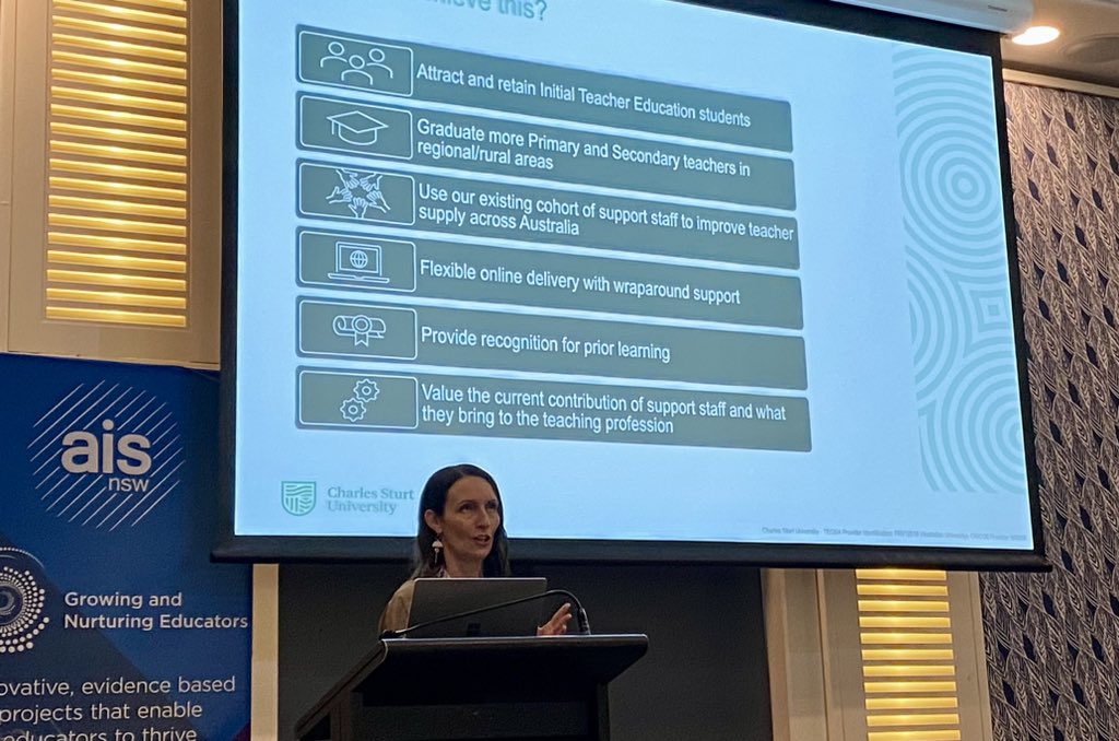 gripgirl's tweet photo. Dr Libbey Murray sharing some of the fantastic strategies Charles Sturt University is implementing to attract and retain teachers. #teachingforum @AISNSWEvidence https://t.co/fLsT5BVU2O