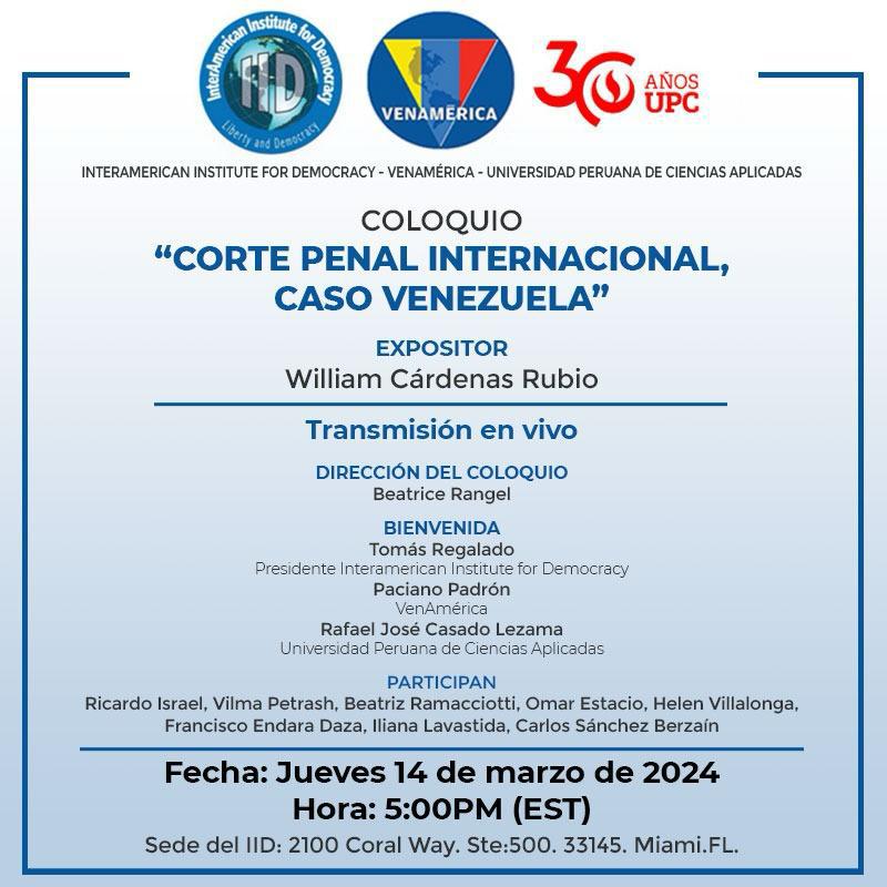 Mañana estaré realizando una presentación para @venamericacom sobre 'Corte Penal Internacional, Caso #Venezuela' en el Interamerican Institute for Democracy, Miami. Transmisión en vivo: youtube.com/live/Yu5Uh-107… Gracias a Venamérica, AMAVEX, CICIVEN y @helenevillalong por su apoyo