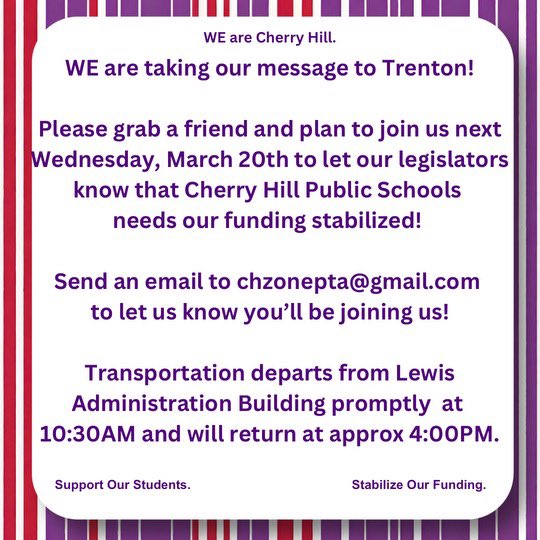 Cherry Hill Zone PTA (@chzonepta) on Twitter photo Cherry Hill needs your help! Please join us as members of our community testify in Trenton next Wednesday, March 20th.
Support our Students. Stabilize Our Funding. WE are Cherry Hill.
#SOS #StabilizeCHPS #WEareCHPS
<a href="/Fairfundingchps/">Fair Funding </a>
@CHEA_LP
<a href="/Kcream24/">Dr. Kwame R. Morton</a> Cherry Hill needs your help! Please join us as members of our community testify in Trenton next Wednesday, March 20th.
Support our Students. Stabilize Our Funding. WE are Cherry Hill.
#SOS #StabilizeCHPS #WEareCHPS
<a href="/Fairfundingchps/">Fair Funding </a>
@CHEA_LP
<a href="/Kcream24/">Dr. Kwame R. Morton</a>