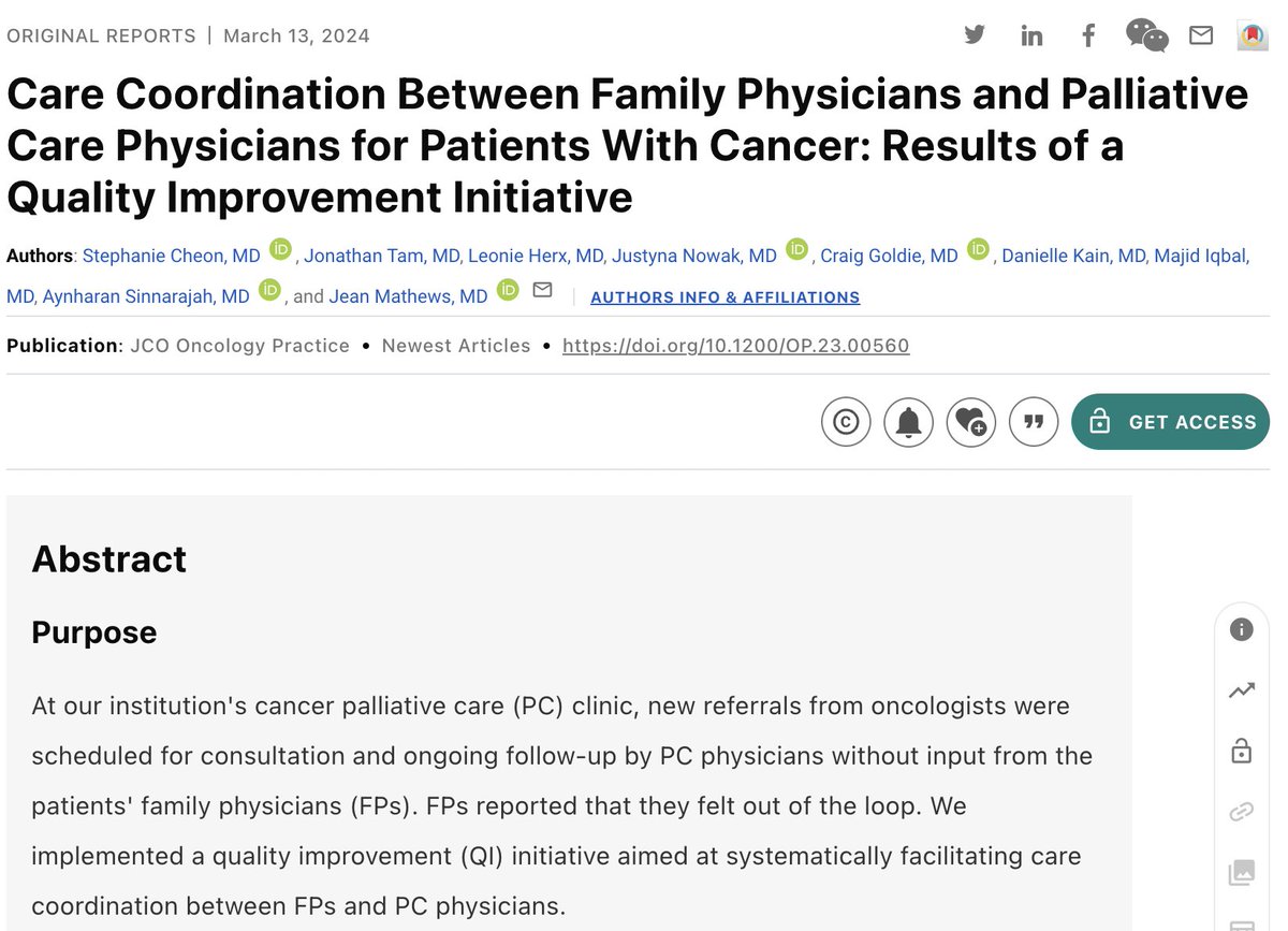 How do we improve care coordination between family physicians and #palliativecare physicians for patients with cancer? See our QI study out today in @JCOOP_ASCO ascopubs.org/doi/10.1200/OP… @QueensuDOM @queensoncology @LeonieHerx @craiggoldie @DrDAKain @DrASinnarajah