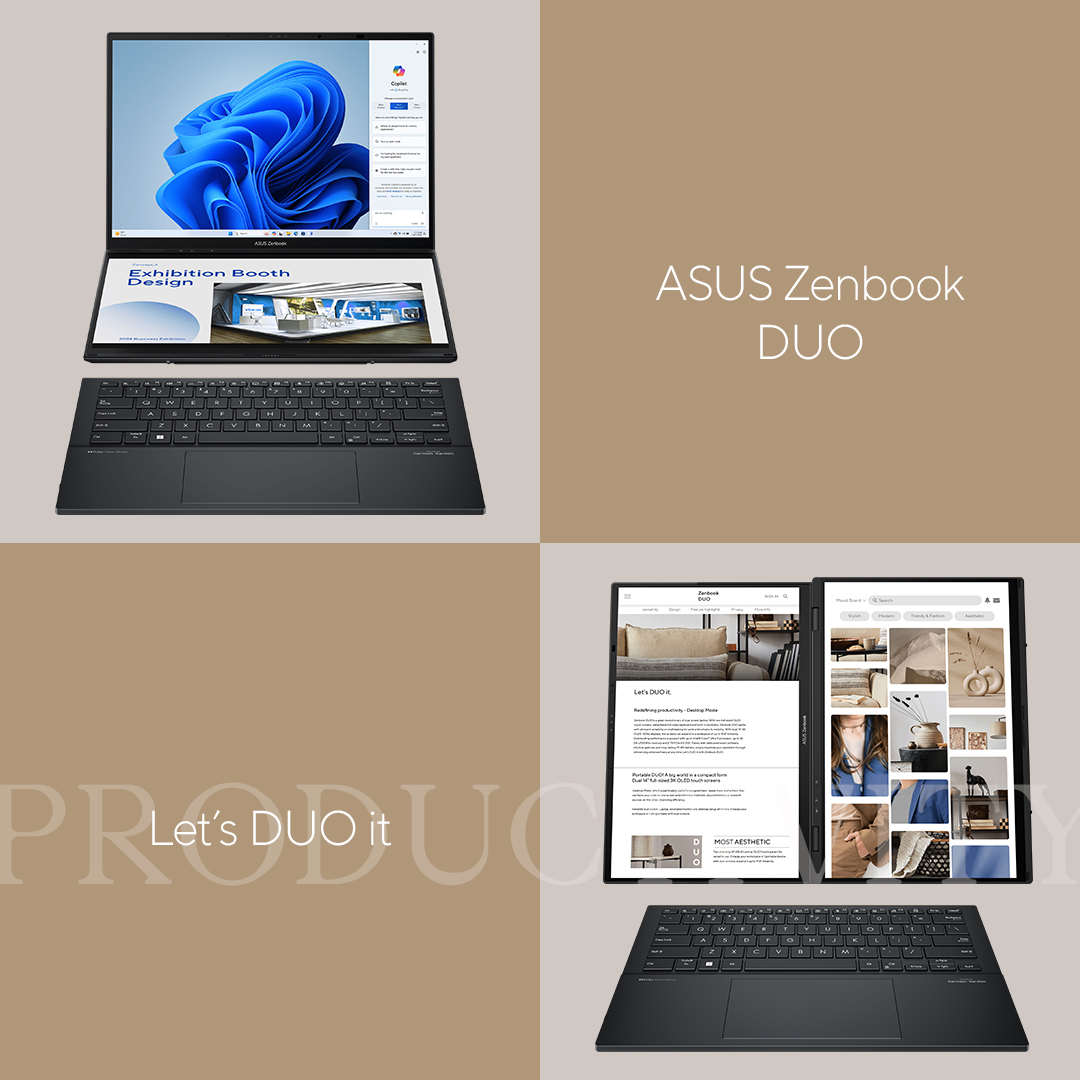 ASUSUSA's tweet image. Zenbook Duo - effortlessly adapt to any task. From design to coding, switch between modes and unlock a world of versatility. 

Explore: us.asus.click/LetsDuoIt
#ASUS #LetsDUOit #lifeessential #ZenbookDUO
