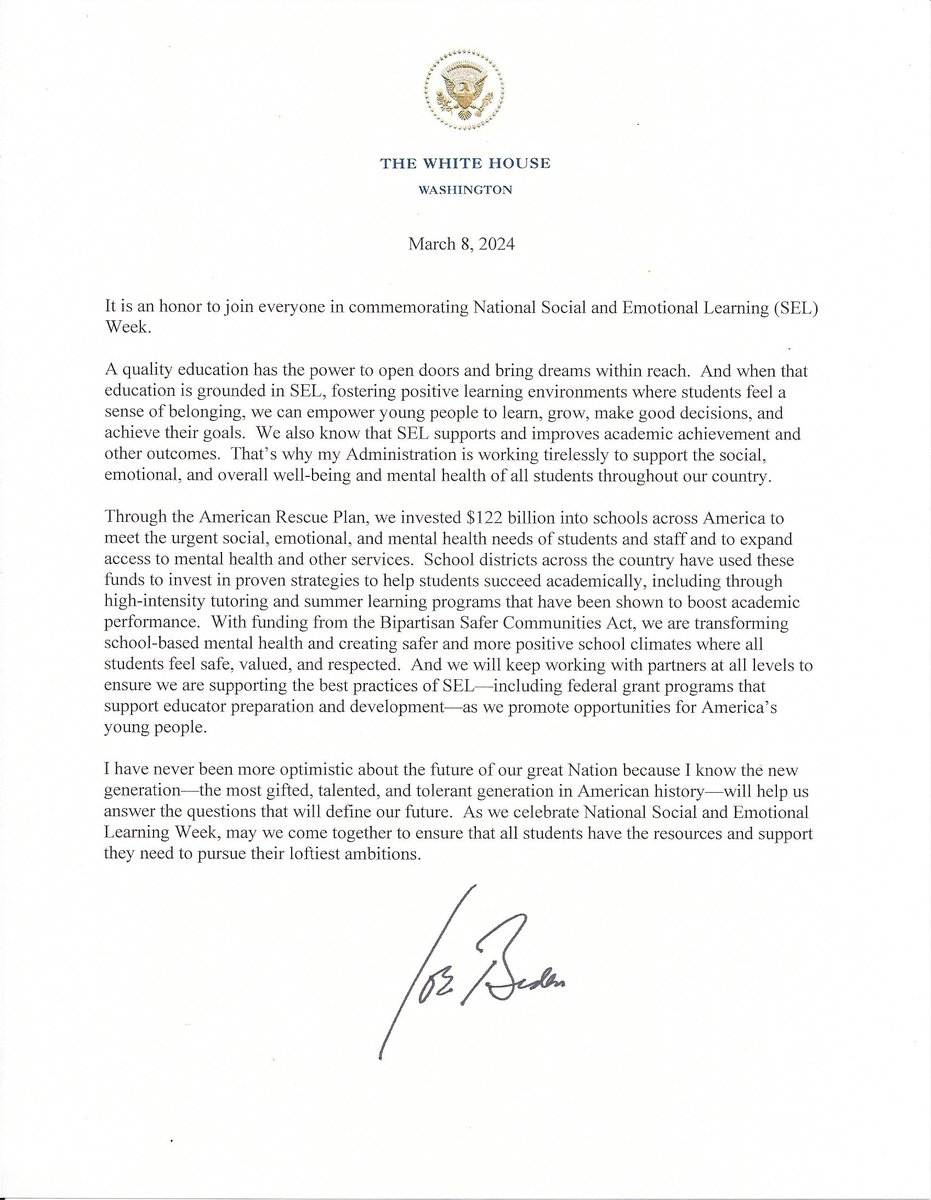 President @JoeBiden commemorates National Social and Emotional Learning Week with a letter from the @WhiteHouse, thanks to @CASEL @UrbanAssemby @6secondseq #SELday #SELweek #SEL selday.org