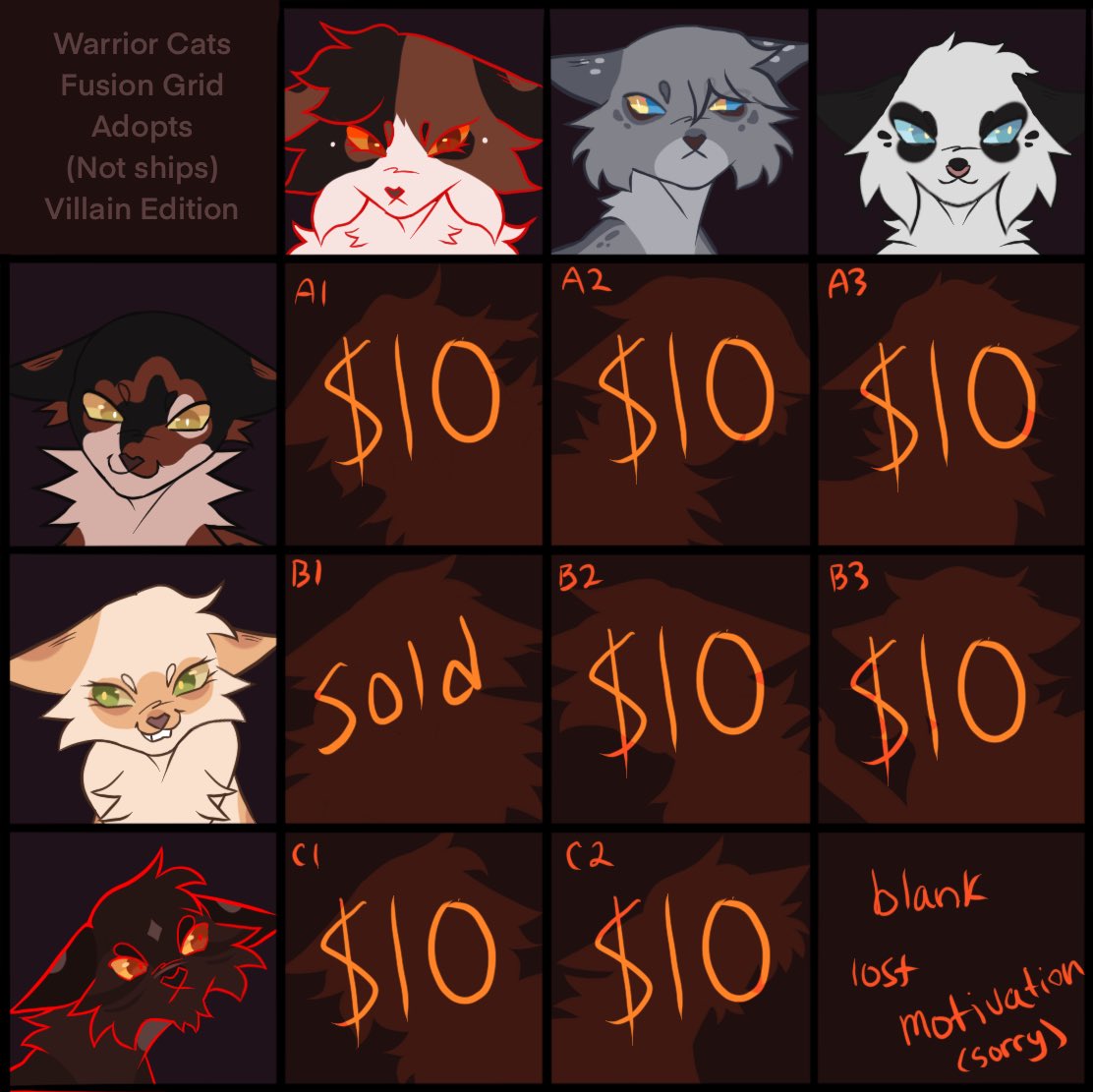 nymphromancy's tweet image. Warrior Cats Fusion Grid: Villain Edition!

These are premade adopts :3 upon purchase you’ll receive design immediately !! 
I accept payment via Pay//pal or Ko//fi!

Pls comment if interested &amp;lt;333
Rts Appreciated!
#warriorcats #adopt #fusiongrid #warriorcatadopts