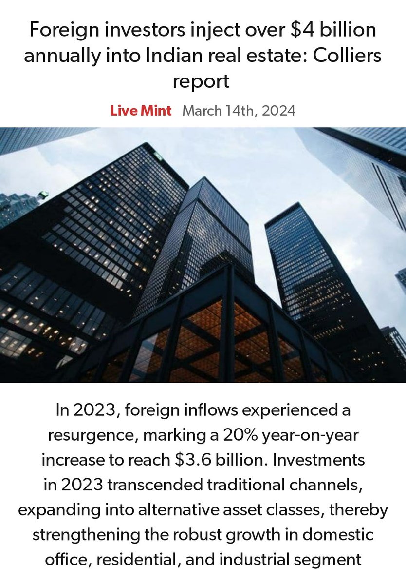Foreign investors inject over $4 billion annually into Indian real estate: Colliers report 
livemint.com/industry/forei… via NaMo App