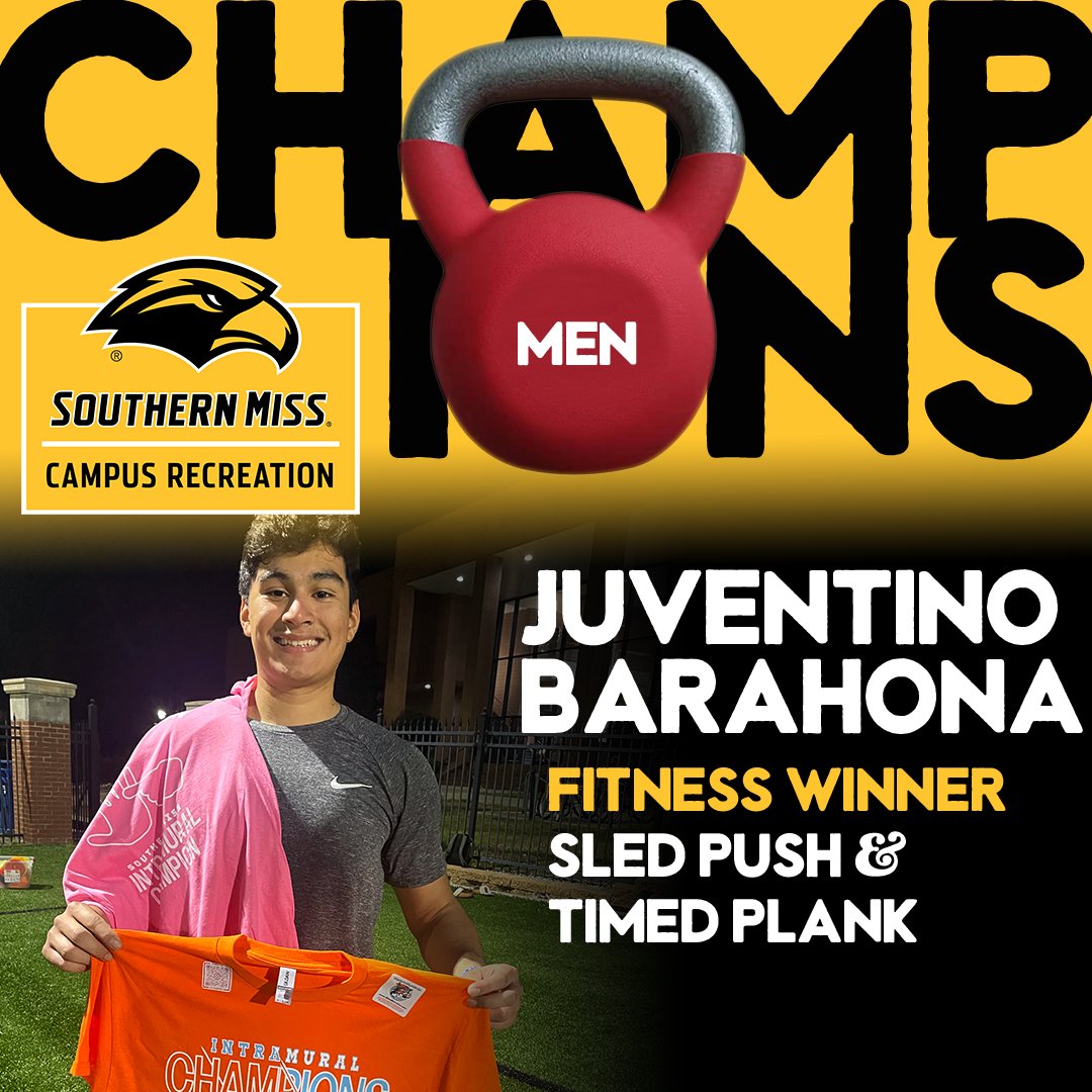 somisscampusrec's tweet photo. Last week's #USMintramural Madness featured the inaugural fitness competition. Event winners included Jack Eaton, Ty Pridgen (2), Juventino Barahona (2), and Allison Hanby (5). Congratulations. You deserve a break #USMRecLife #USMCampusRec #healthisgolden #SMTTT #justafewmorereps https://t.co/7UiyxO2HTB