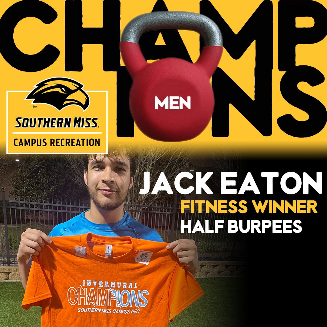 somisscampusrec's tweet photo. Last week's #USMintramural Madness featured the inaugural fitness competition. Event winners included Jack Eaton, Ty Pridgen (2), Juventino Barahona (2), and Allison Hanby (5). Congratulations. You deserve a break #USMRecLife #USMCampusRec #healthisgolden #SMTTT #justafewmorereps https://t.co/7UiyxO2HTB