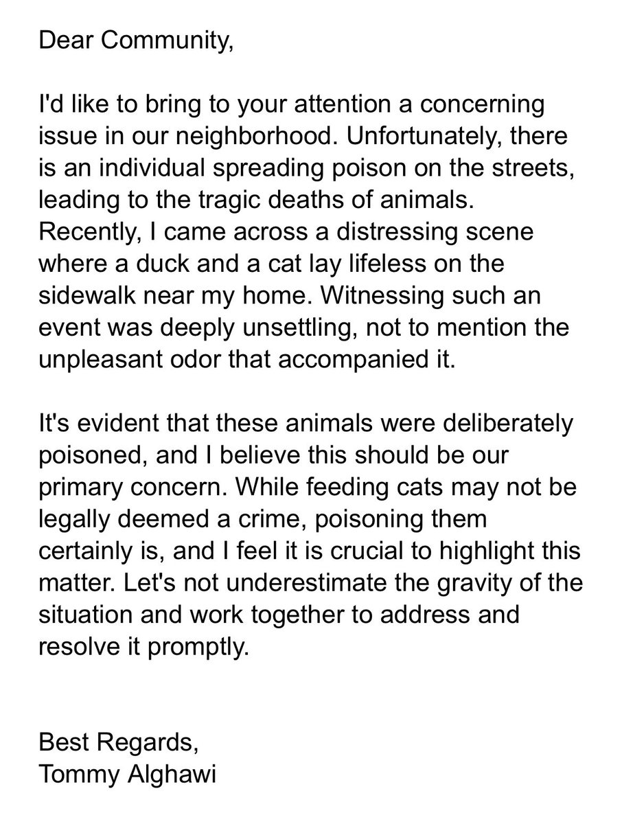 Schrody_Cat's tweet photo. Oh no!! The neighbors say someone is poisoning animals in our community. @ItsMeDeaner this is same email thread with Ernesto from Red Bull bitching about neighbors feeding strays. Staff happy I don't go outside. #Patches https://t.co/WW1V0qM7IV