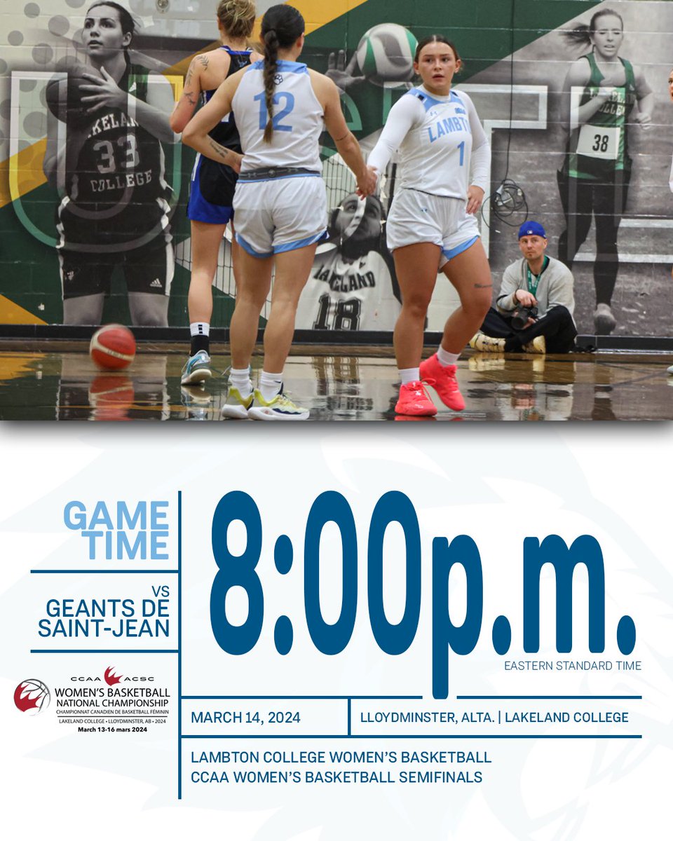 Playing for a spot in the National Final. Tonight, the Lambton Women's Basketball Program takes on Saint-Jean in the CCAA Semifinals. 📅: Thursday, March 14th ⏰: 6:00 p.m. MDT / 8:00 p.m. EST 📍: Lloydminster, Alta. 🆚: Geants de Saint-Jean #DefendTheDen | #CCAAwbb2024