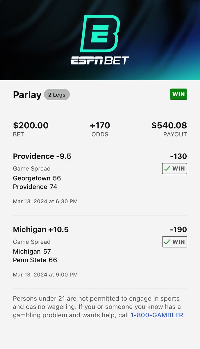 Scottyvegas971's tweet photo. If you ever wondered About #middling or as we call it a #whopper bet. Hereโs an example. The original parlay hit with Penn St win at end and then the +10.5 on Michigan hit (miracle). Itโs how you can make A LOT of money quickly betting. @OnTheMoney971 we do these. https://t.co/mwItDSXcjz