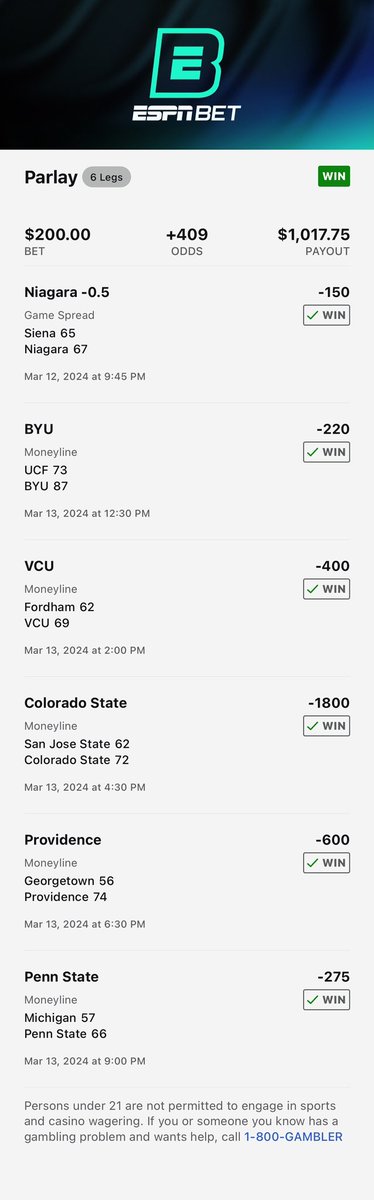 Scottyvegas971's tweet photo. If you ever wondered About #middling or as we call it a #whopper bet. Hereโs an example. The original parlay hit with Penn St win at end and then the +10.5 on Michigan hit (miracle). Itโs how you can make A LOT of money quickly betting. @OnTheMoney971 we do these. https://t.co/mwItDSXcjz
