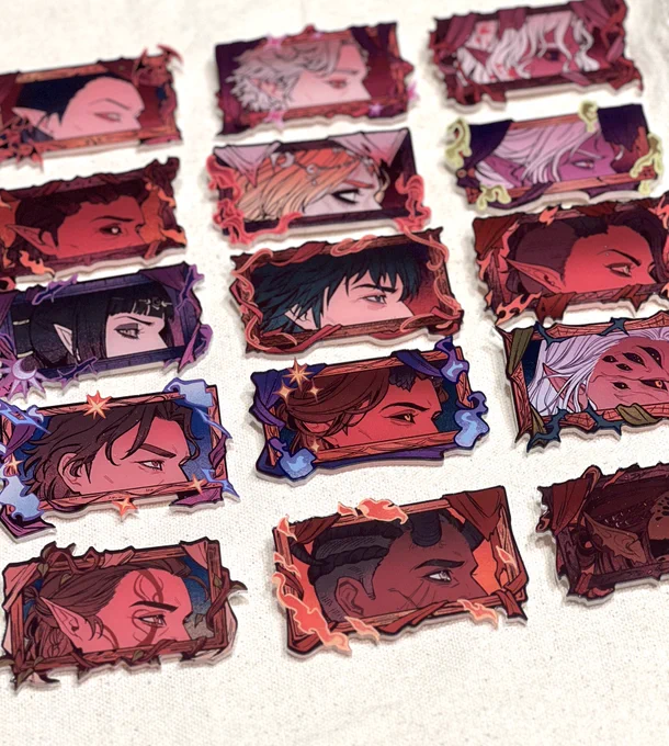 aaahh the stickers and pins for these look so satisfying laid outwill be debuting them at sakuracon!! 