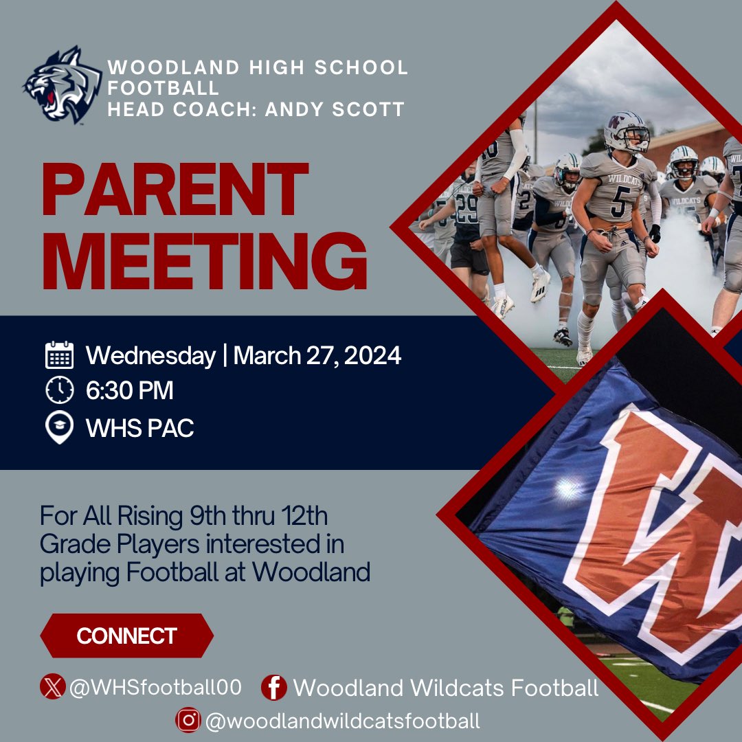 Woodland Wildcats Football (@whswildcatfb) on Twitter photo ATTENTION! For all rising 9th through 12th grade players interested in playing football at Woodland! Coach Scott will host a parent meeting on Wednesday, March 27th at 6:30 in the PAC! #ChasingGreatness #DareToBeGreat <a href="/coach_andyscott/">Andy Scott</a> ATTENTION! For all rising 9th through 12th grade players interested in playing football at Woodland! Coach Scott will host a parent meeting on Wednesday, March 27th at 6:30 in the PAC! #ChasingGreatness #DareToBeGreat <a href="/coach_andyscott/">Andy Scott</a>