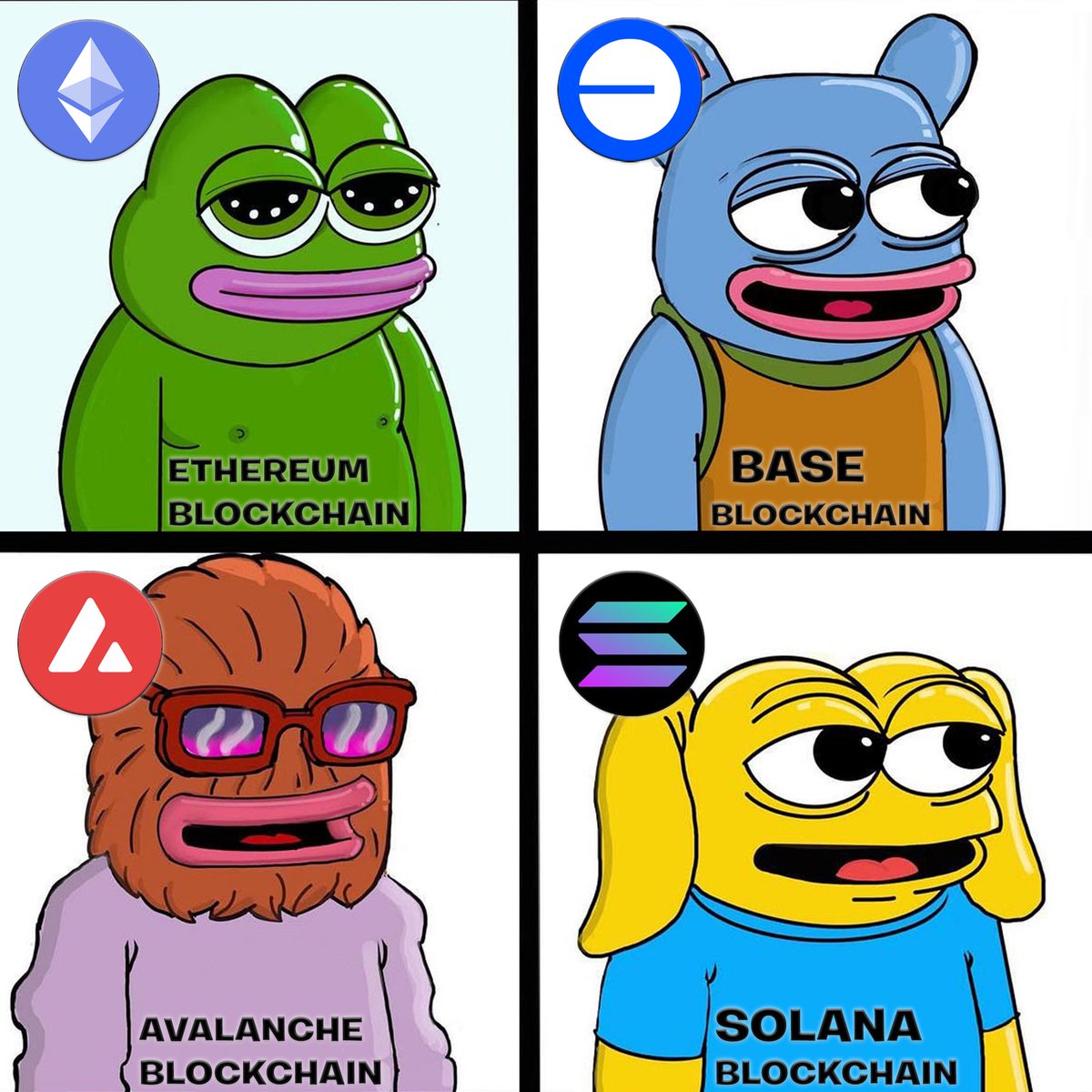 ProTheDoge's tweet image. LET ME MAKE IT REAL SIMPLE 🤔

You want to bet on meme coins? 

THINK $PEPE META 2024 

These are #PEPE’s best friends👇🏼

🟢 1. $PEPE on the Ethereum blockchain 
🔵 2. $BRETT on the Base blockchain 
🔴 3. $WOLF on the Avalanche blockchain 
🟡 4. $ANDY on the Solana blockchain