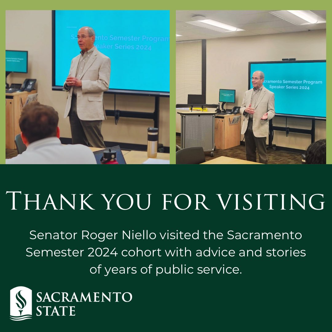Thank you so much for visiting us, Senator Niello! 
The Sacramento Semester Cohort benefits greatly from guest lecturers throughout their internships, and this visit was no exception! #collegeinternship #sacstateinternship #HigherEd