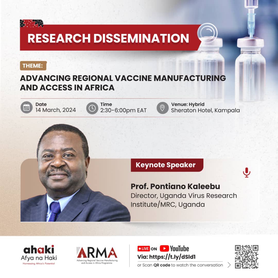 Today, I will be part of the research dissemination speakers giving a keynote address on the advancement of regional vaccine manufacturing and access in Africa.
Feel free to join us on t.ly/dSld1 

#VaccineManufacturinginAfrica