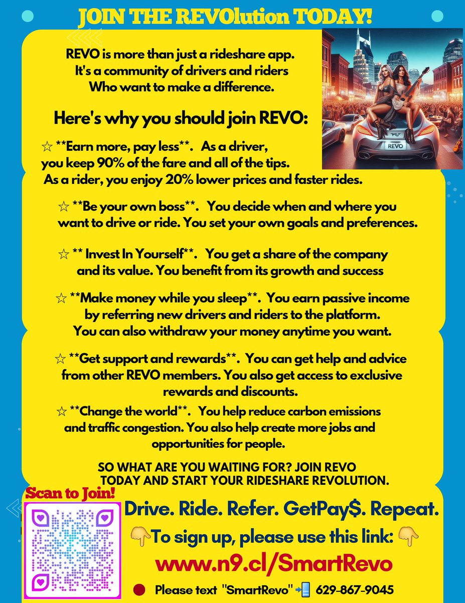 Join Revo today &amp; get more than just a rideshare service. You can also earn lifetime passive income by referring other drivers &amp; riders to the platform. It’s a win-win situation for everyone! 
n9.cl/SmartRevo #Revo 
Facebook: n9.cl/RevOver