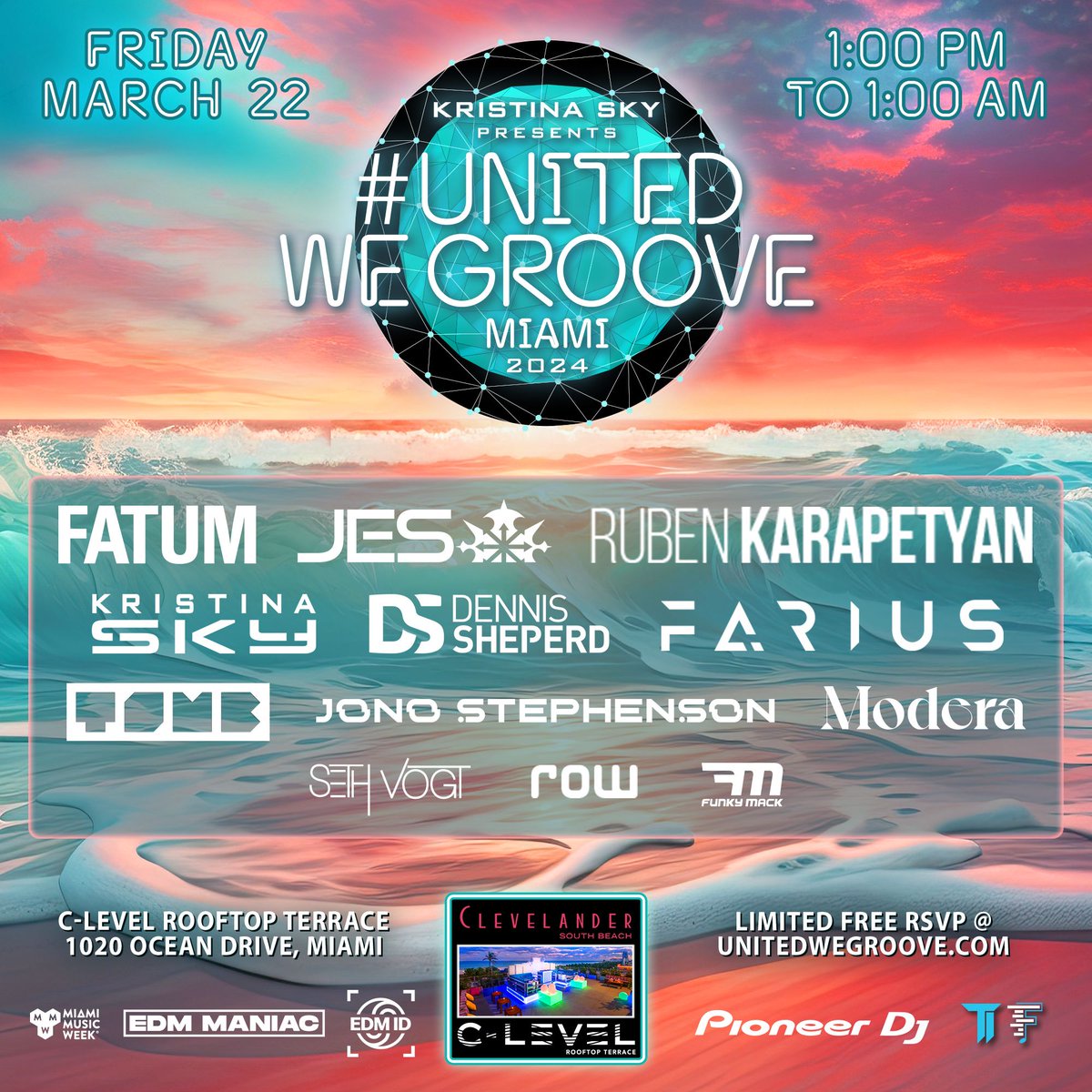 Final Phase 3 was dropped for @UnitedWeGroove_ #MMW Miami 2024 rooftop party presented by @KristinaSky! @Official_JES along with @fariusmusic have been added!Just over 1 week left & hope to see you all there!FREE RSVP shorturl.at/cfwMP @EDMManiac @EDMIdentity @TranceIDChi
