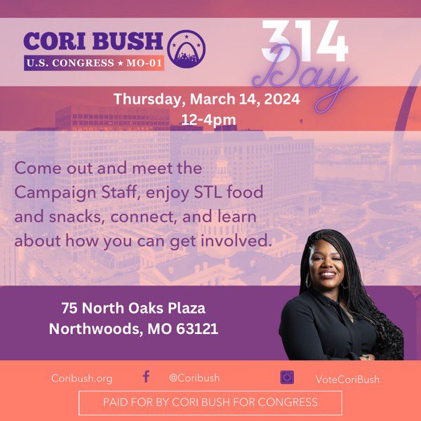CoriBush's tweet image. Tomorrow is #314Day, and my campaign staff are celebrating with some St. Louis-style pizza!

Drop by, grab a slice, and learn about how to get involved👇🏾