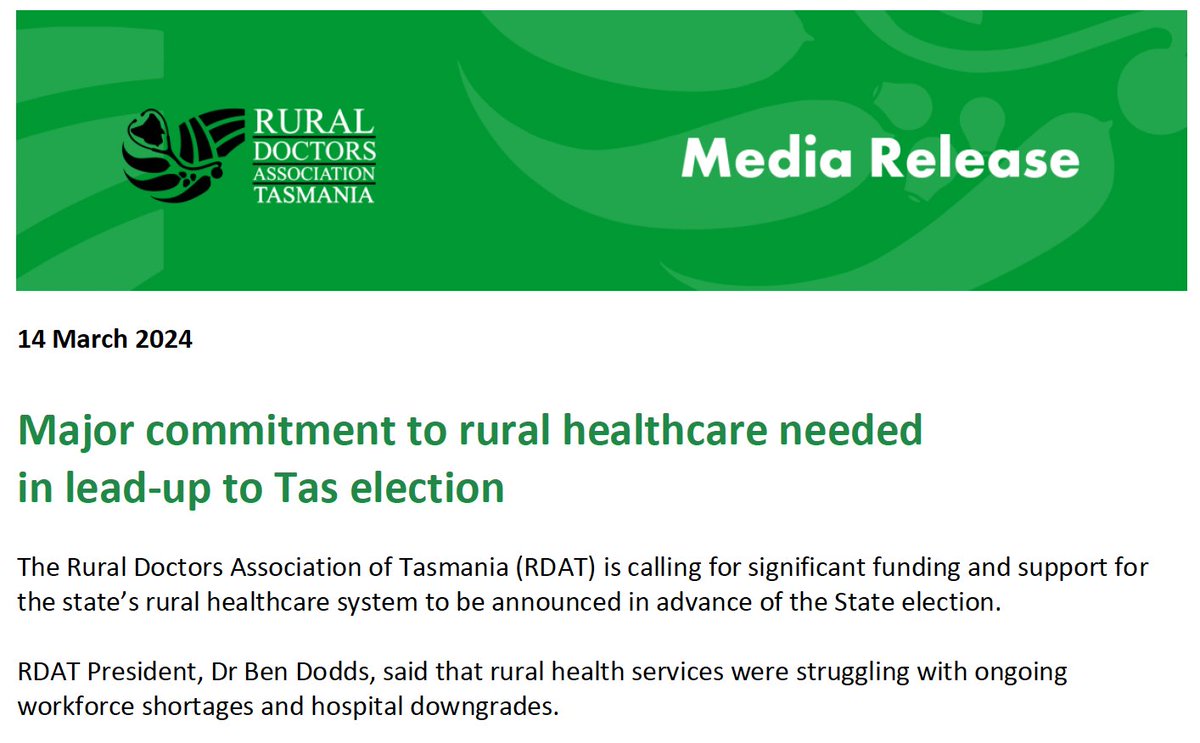 Tassie election - We desperately need investment in building the RG & GP workforce in rural areas & significant investment in rural hospitals and rural health infrastructure... get on it!! 👉 bit.ly/3TeQIRy #auspol #ruralhealth #MedTwitter #Tasmania