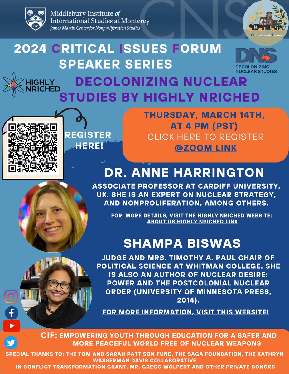 Do nuclear studies need to be decolonized? The answer is yes, owing to a variety of reasons. Register for this @CIF_CNS event, in which @ShampaBiswasWW and Dr. Anne Harrington will speak on this very topic while introducing @highlyNriched 's project on it. middlebury.zoom.us/meeting/regist…