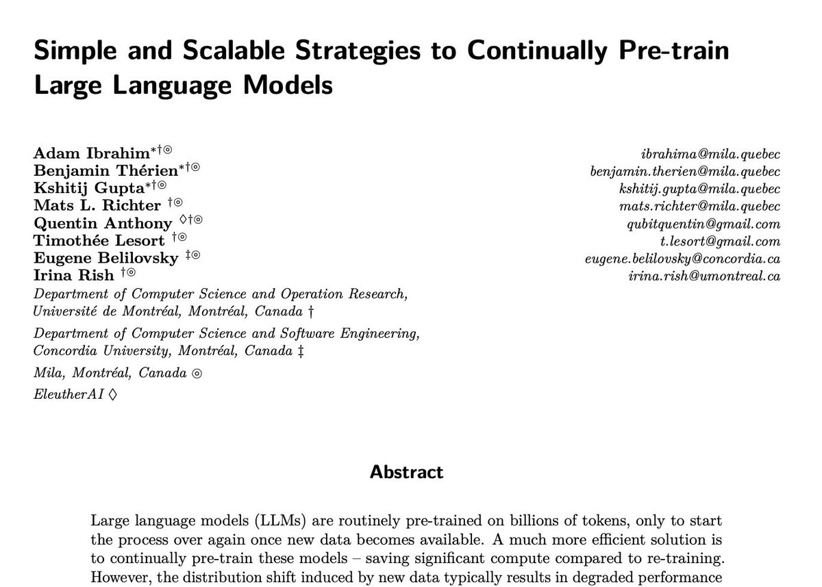 _akhaliq's tweet image. Simple and Scalable Strategies to Continually Pre-train Large Language Models

Large language models (LLMs) are routinely pre-trained on billions of tokens, only to start the process over again once new data becomes available. A much more efficient solution is to continually