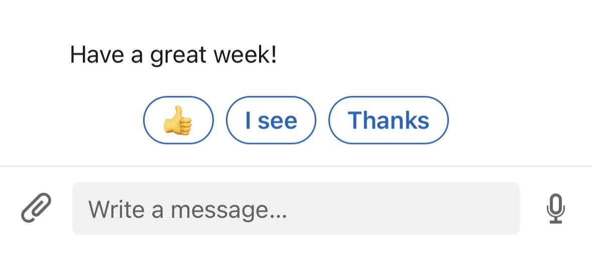 itanio's tweet image. Reminder to carefully skip LinkedIn’s suggested replies lest you immediately send an inappropriate monosyllabic reply