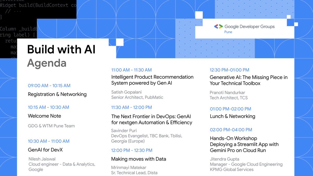 🚀 We are thrilled to unveil the agenda for the upcoming event: 'Build with AI'! 🎉 🗓 Sunday | March 17, 2024 ⏱ 09:00 AM to 04:00 PM 📍 @PubMatic, Aundh, Pune 🔗 Register here: gdg.community.dev/e/m6a24a/ #BuildWithAI #AI #devops #gemini #gdg #googlefordevelopers #google #pune
