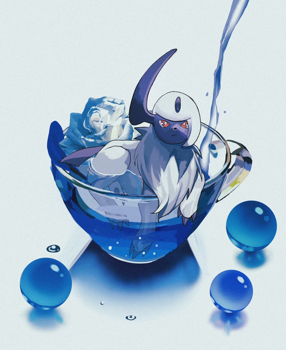 absol solo looking at viewer simple background red eyes closed mouth water cup  illustration images