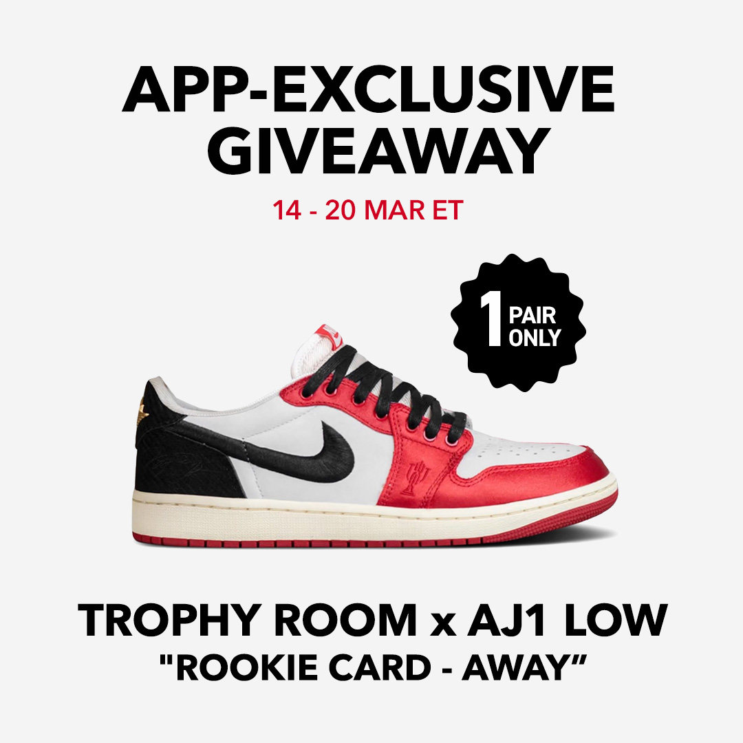 🔥🏆 #TROPHYROOM x #AJ1 LOW “ROOKIE CARD – AWAY” GIVEAWAY 🏆🔥 We’re giving away one of March’s hottest drops from 14 Mar (12AM) - 20 Mar (11:59PM) ET!   Enter our App-exclusive #giveaway now: i.mtr.cool/hijowgasmr #SNKRDUNK