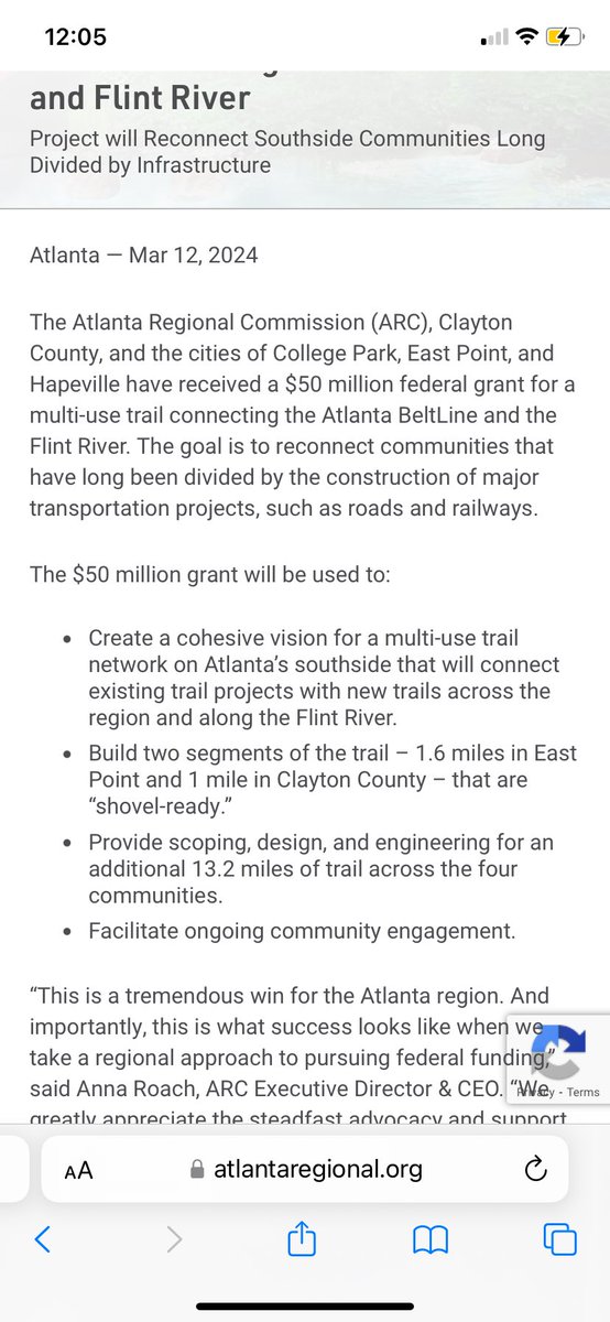 Latest on Atlanta Real Estate 🏡 - 

ARC, Clayton county , College Park , East Point and Hapeville to receive $50 Million federal grant for a multi use trail connecting Atlanta Beltline (East side) and the Flint River trail
