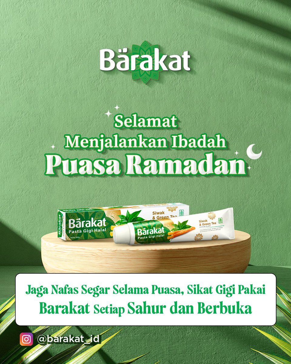 Selamat menunaikan ibadah puasa ... jangan lupa gunakan Pasta Gigi Barakat saat sahur dan berbuka. Kandungan bahan alami Siwak dan Green Tea bantu cegah gigi berlubang dan jaga kesegaran nafas selama bulan Ramadhan. Gigi Sehat, Senyum Alami, #YakinBarakat