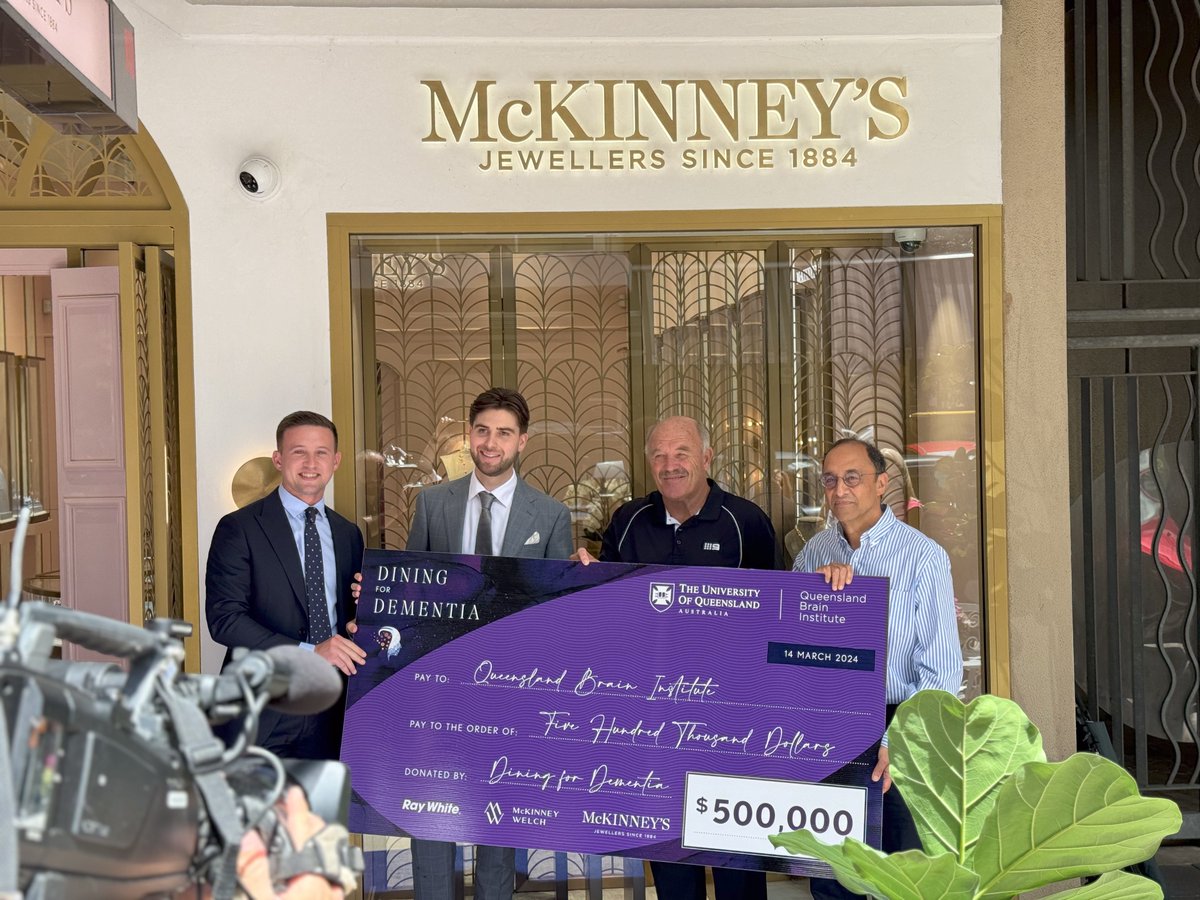 We are so grateful to be able to accept a donation of $500,000 from the Dining for Dementia Gala which will go towards dementia research at #QBI. A special thanks to Andrew McKinney Welch and Pat Goldsworthy for your incredible generosity and support towards brain research. 🙌💜