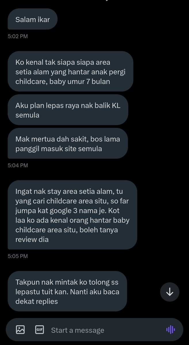 Salam orang Setia Alam. Siapa tau mana2 childcare or taska untuk kawan ni. Dia terdesak cari childcare ni. Thanks