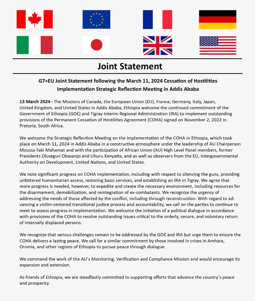 We understand the Eth Gov’t not only enabled Eritrea & Amhara forces to annex Tigray territories,it will continue to deny occupied territories as long as it weakens #Tigray. To G7+EU, appeasement & diplomatic nicety has its own limits.This approach will never bring lasting peace.