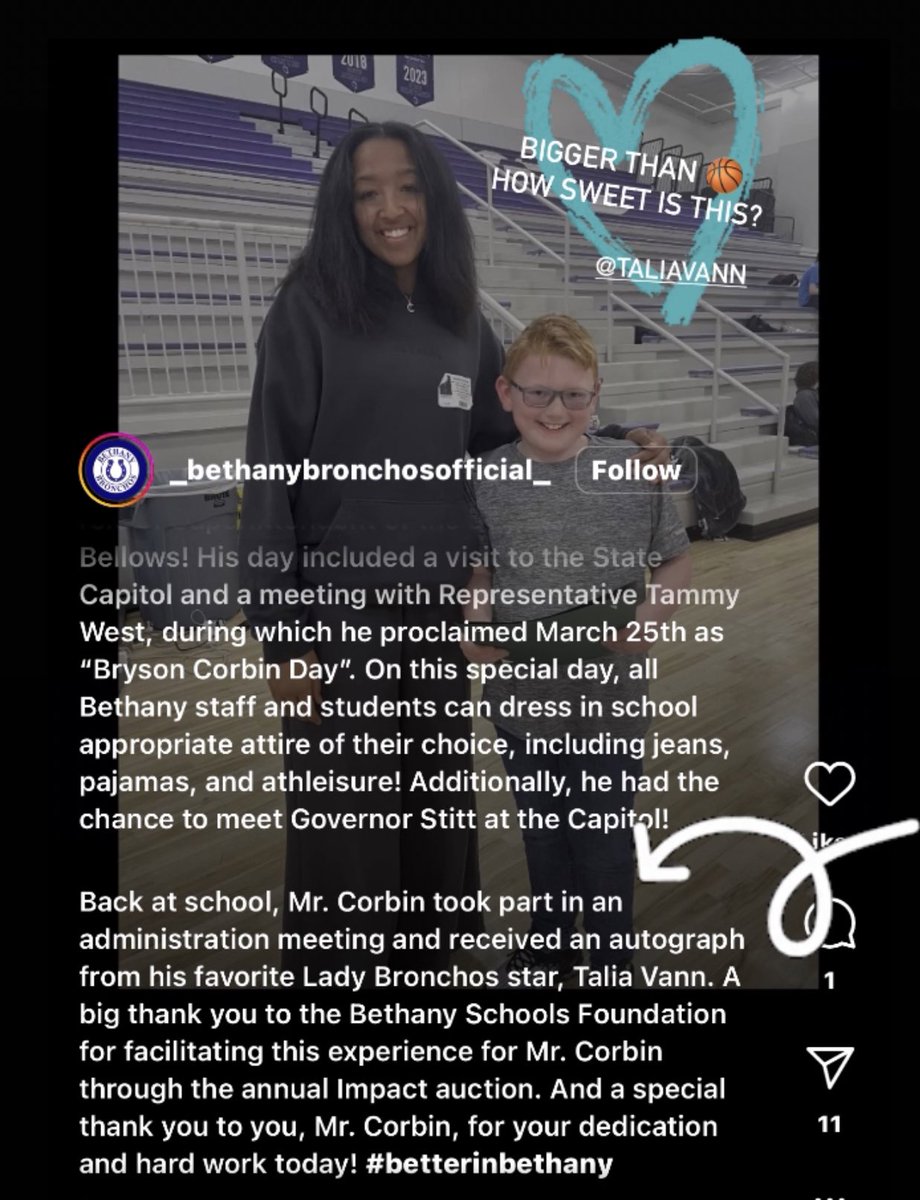 A 4th grader was selected to be Superintendent for the day. His ask was to meet @taliavann his fave Broncho 🏀 & get her autograph. Doesn’t get much sweeter 💜🥲