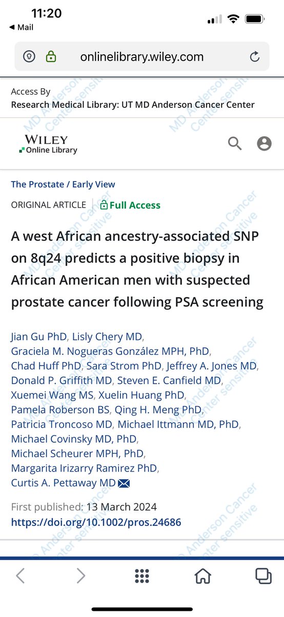 Shout out to My Houston Colleagues for accruing this unique study in approx 200 black men showing that a West African Ancestry SNP was an independent predictor of a positive biopsy among black men with an indication for prostate biopsy.