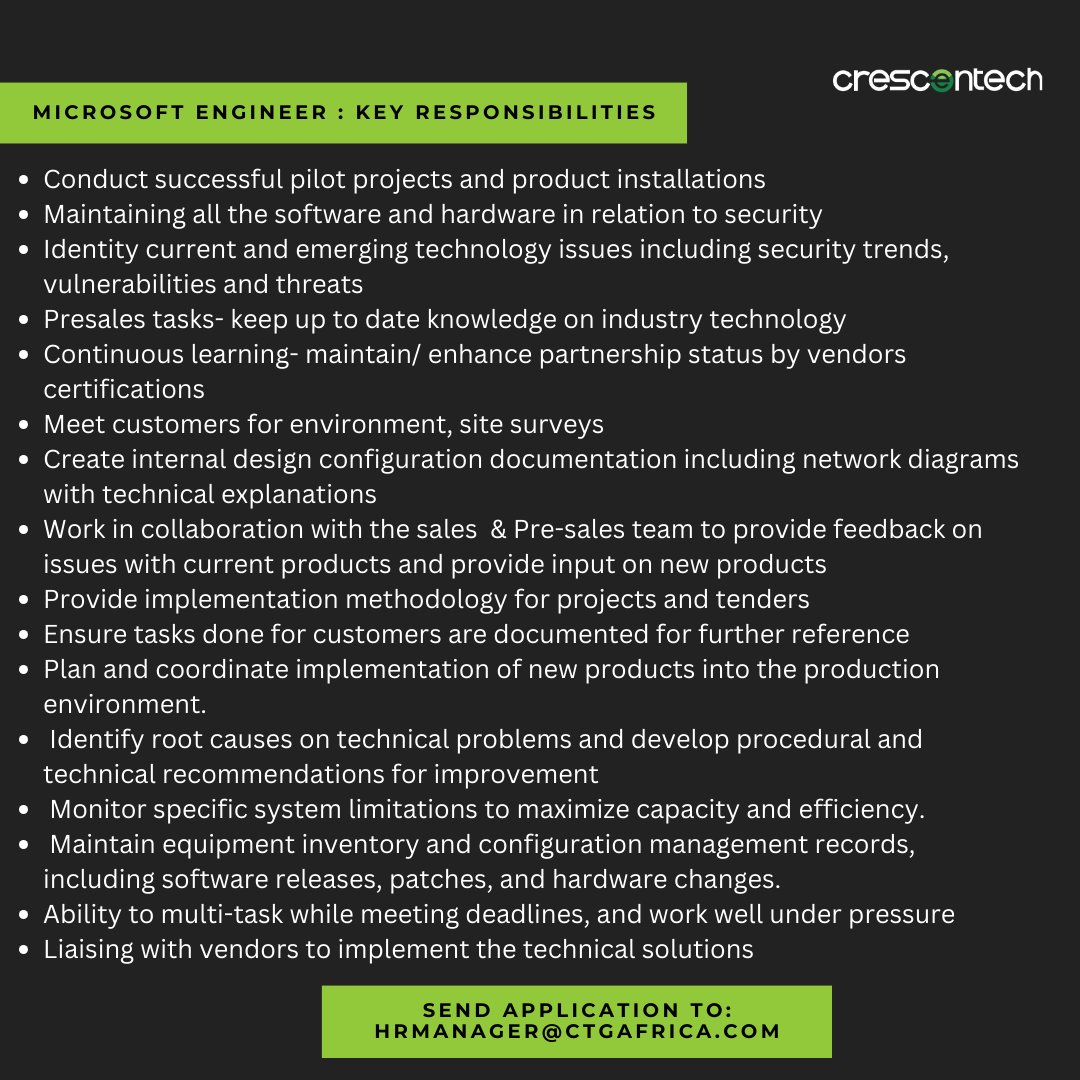 Grow with us! Explore this exciting opportunity in our Engineers team.
If qualified send your applications via email to hrmanager@ctgafrica.com
#CrescentTechGroup #IkoKaziKE