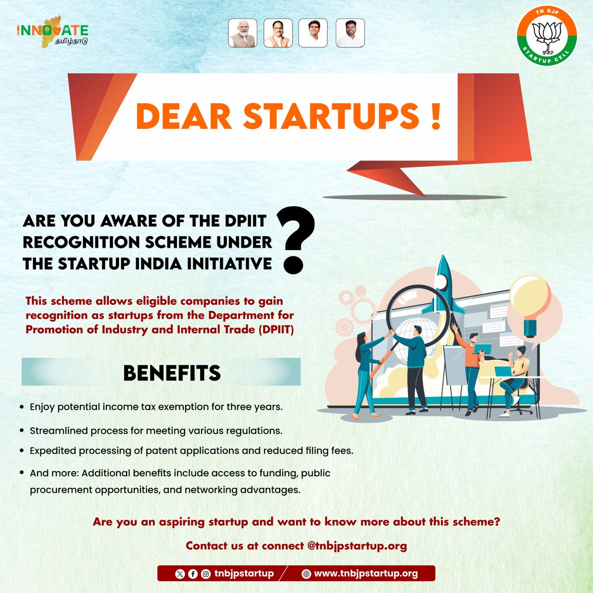 Start your startup journey with DPIIT Recognition Scheme! Get tax exemptions, easier processes, and more benefits. Contact us at connect@tnbjpstartup.org to learn how.   

#innovatetn #StartupIndia #DPIITRecognition @TenkasiAnanthan