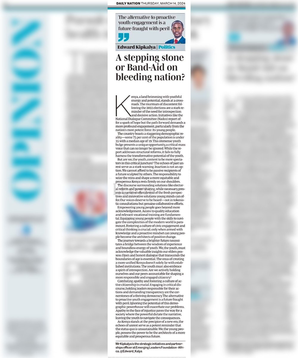 Edward_Kalya's tweet photo. |:| #ProgressPower |:|
A stepping stone or band-aid on
bleeding nation? ( Daily @NationAfrica, Pg. 14)
Are we, the young people, content to be mere spectators in this critical juncture? The echoes of past unrest serve as a stark warning. INACTION IS NOT AN OPTION. https://t.co/Q0kdPm5Zaz