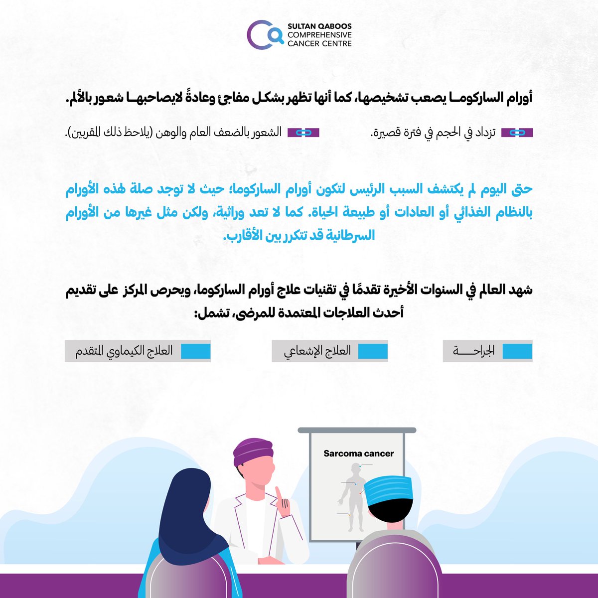 تشكل #أورام_الساركوما تحديا طبيا للعاملين الصحيين نظرًا لندرتها وصعوبة اكتشافها، ولكن بتكاتف الجهود الطبية المتخصصة يمكن تحسين نتائج العلاج والتقليل من آثار الإصابة على المريض ومجتمعة. 
#SQCCCRC