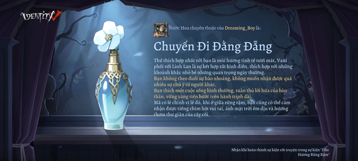 Dat_1m80's tweet image. Trong sự kiện "Dấu Hương Rừng Rậm", tôi đã điều chế ra Nước Hoa [Chuyến Đi Đằng Đẵng]#DauHuongRungRam#IdentityV